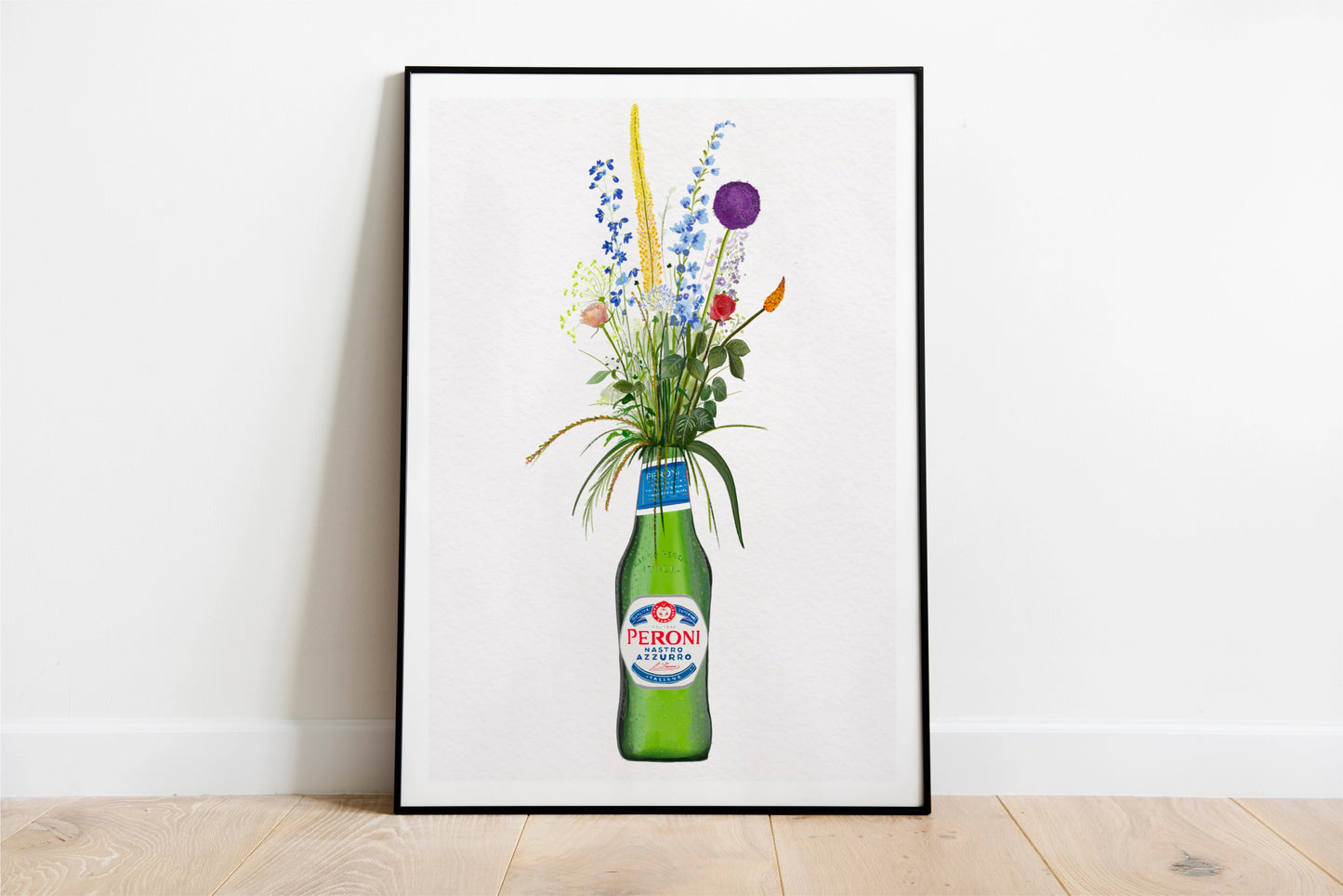 Bottle of Peroni and Cottage Garden Flowers kitchen or bar Art Print/Poster