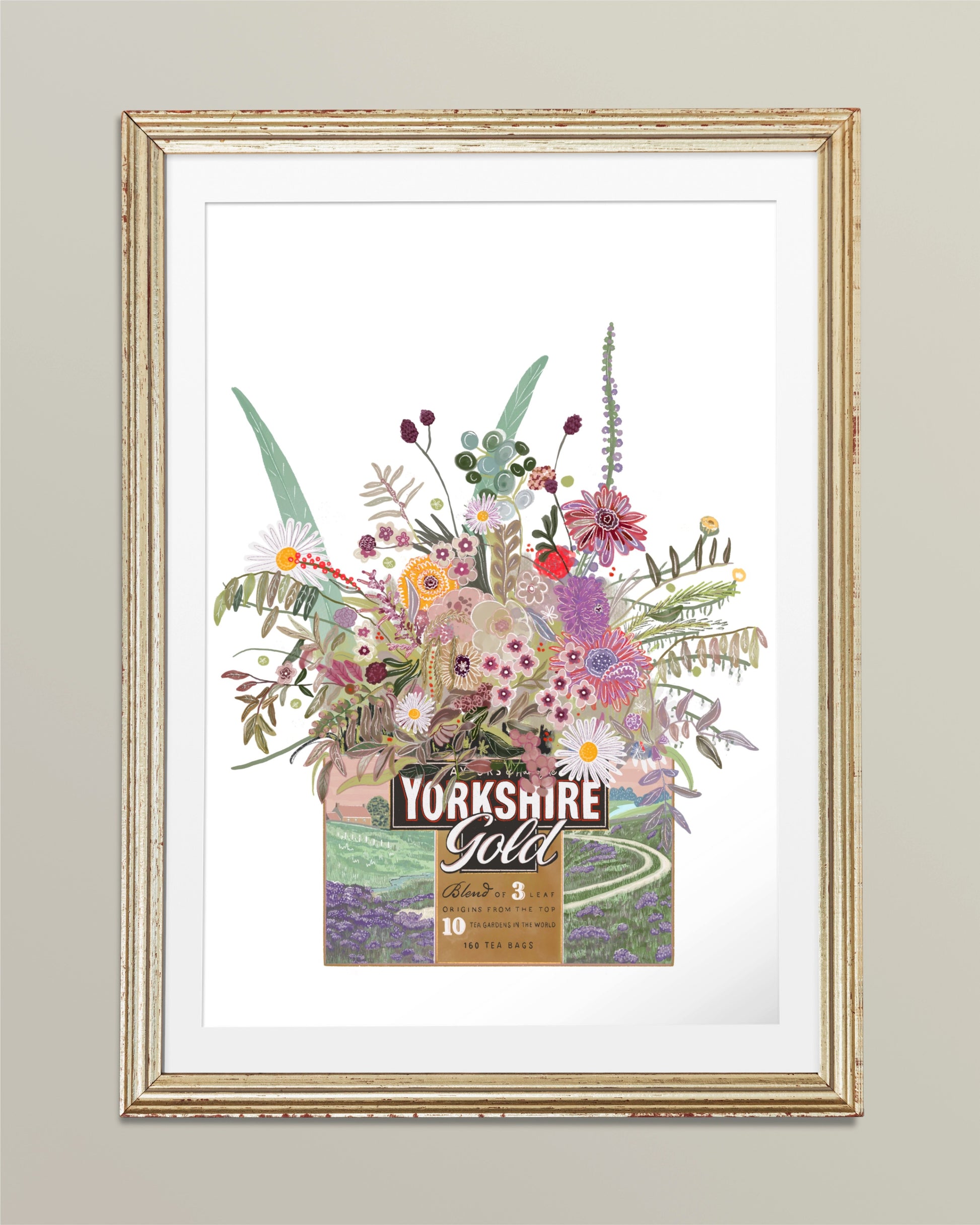 Illustrated Yorkshire gold tea box with pastel coloured wild flowers on a white back ground. art print