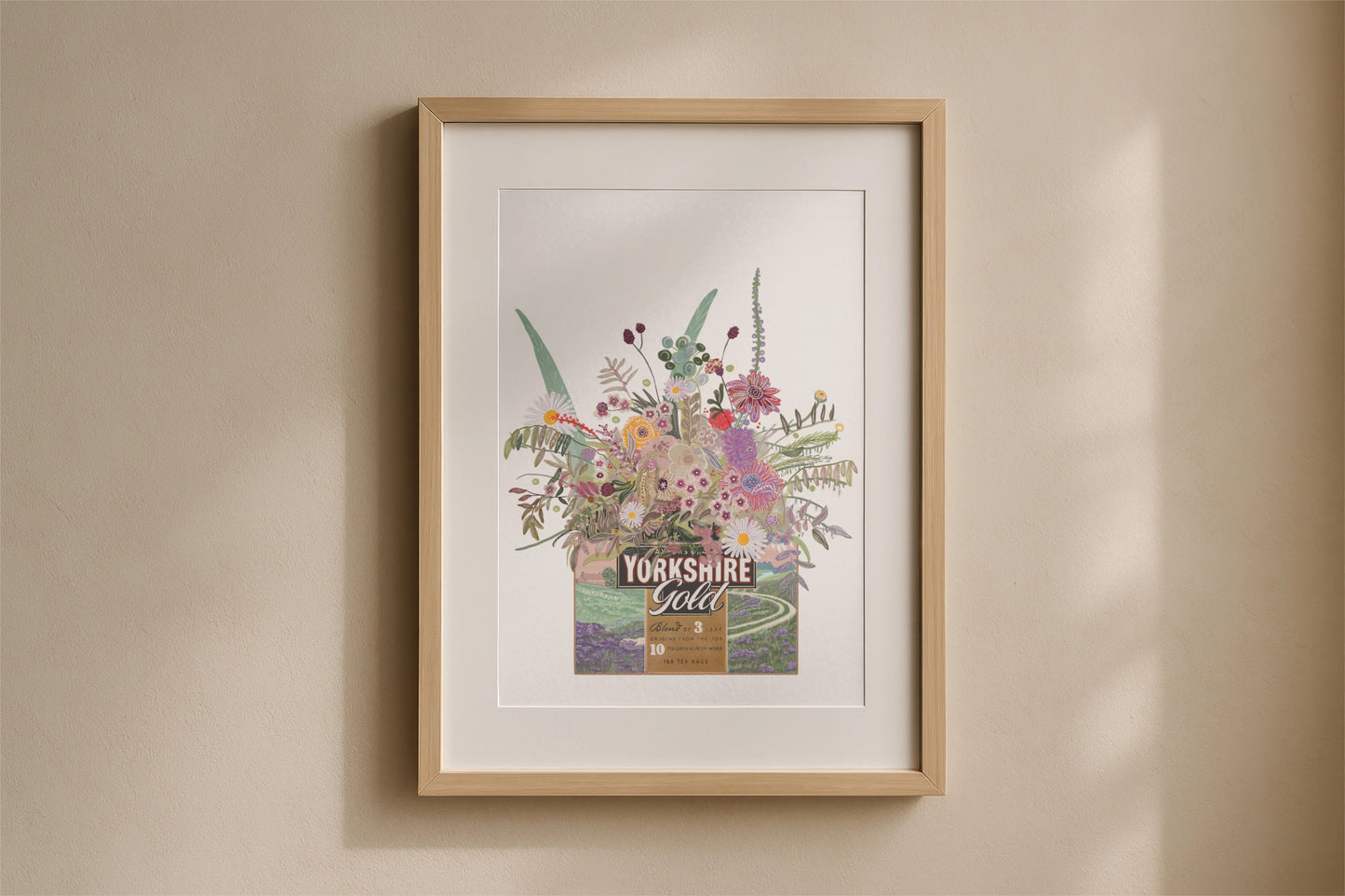 Illustrated Yorkshire gold tea box with pastel coloured wild flowers on a white back ground. art print