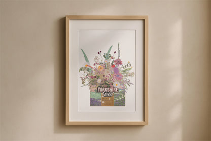 Illustrated Yorkshire gold tea box with pastel coloured wild flowers on a white back ground. art print