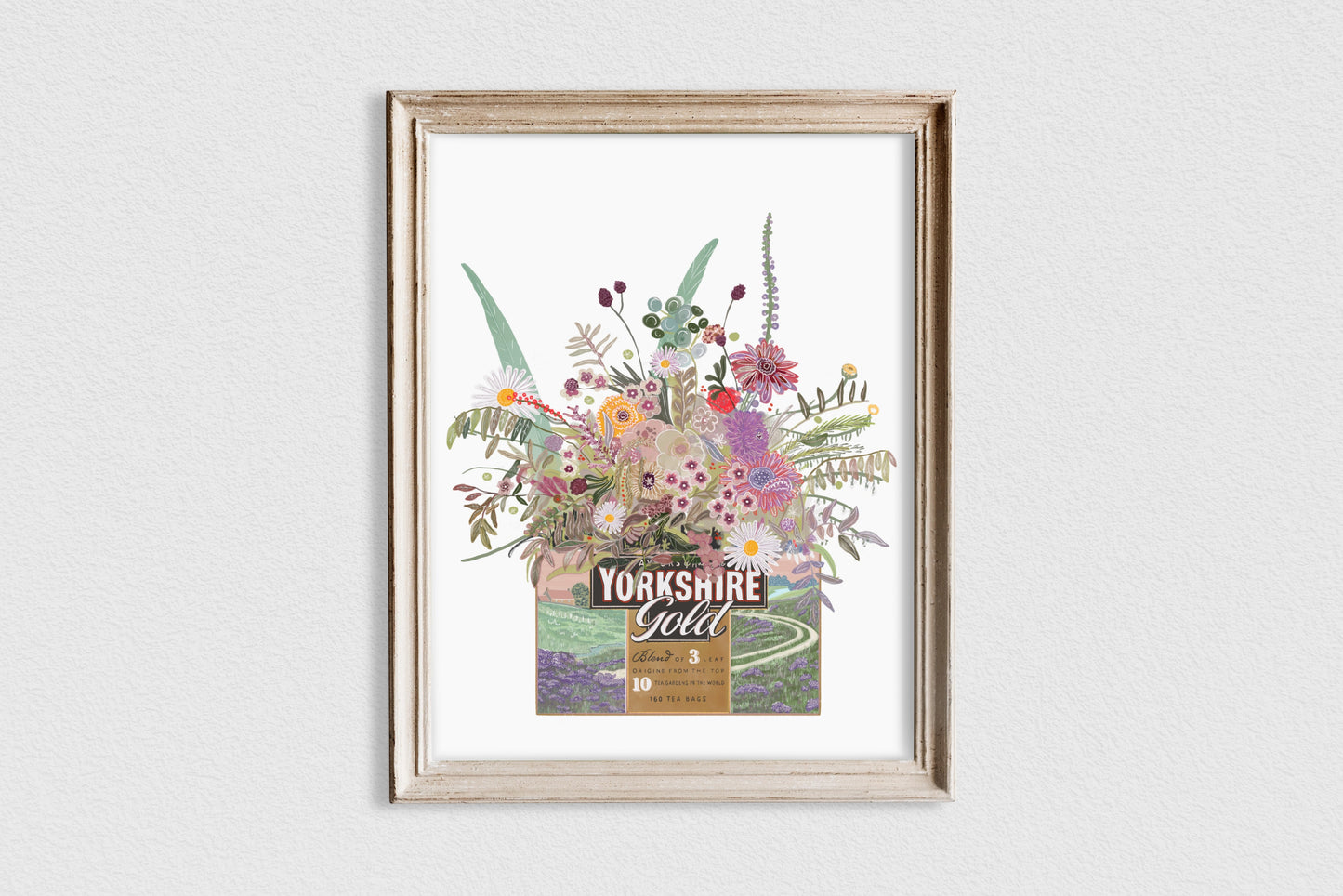 Illustrated Yorkshire gold tea box with pastel coloured wild flowers on a white back ground. art print