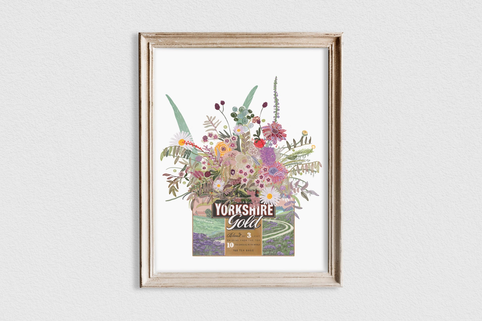 Illustrated Yorkshire gold tea box with pastel coloured wild flowers on a white back ground. art print