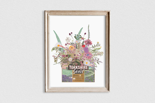 Illustrated Yorkshire gold tea box with pastel coloured wild flowers on a white back ground. art print