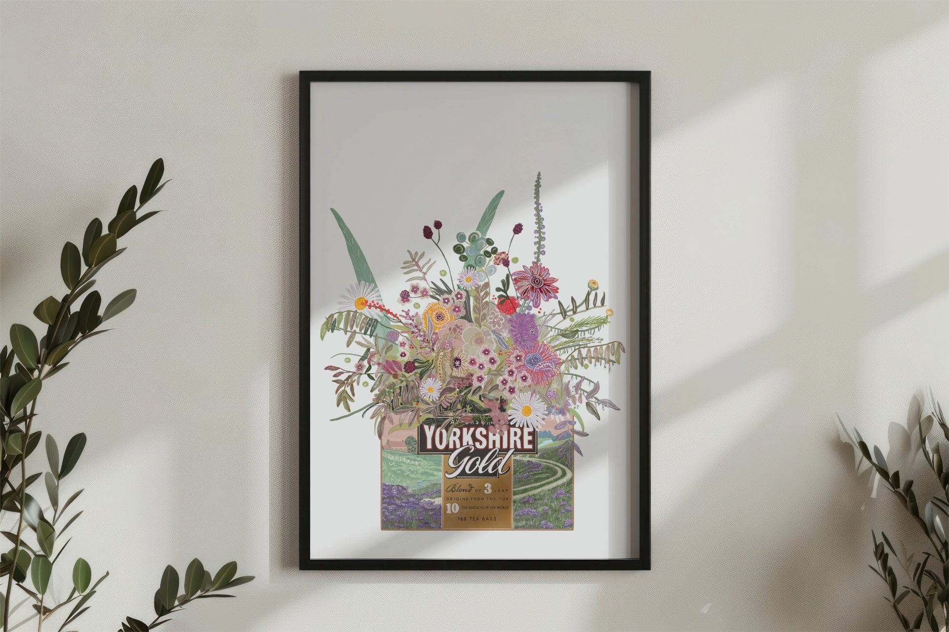 Illustrated Yorkshire gold tea box with pastel coloured wild flowers on a white back ground. art print