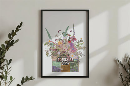 Illustrated Yorkshire gold tea box with pastel coloured wild flowers on a white back ground. art print
