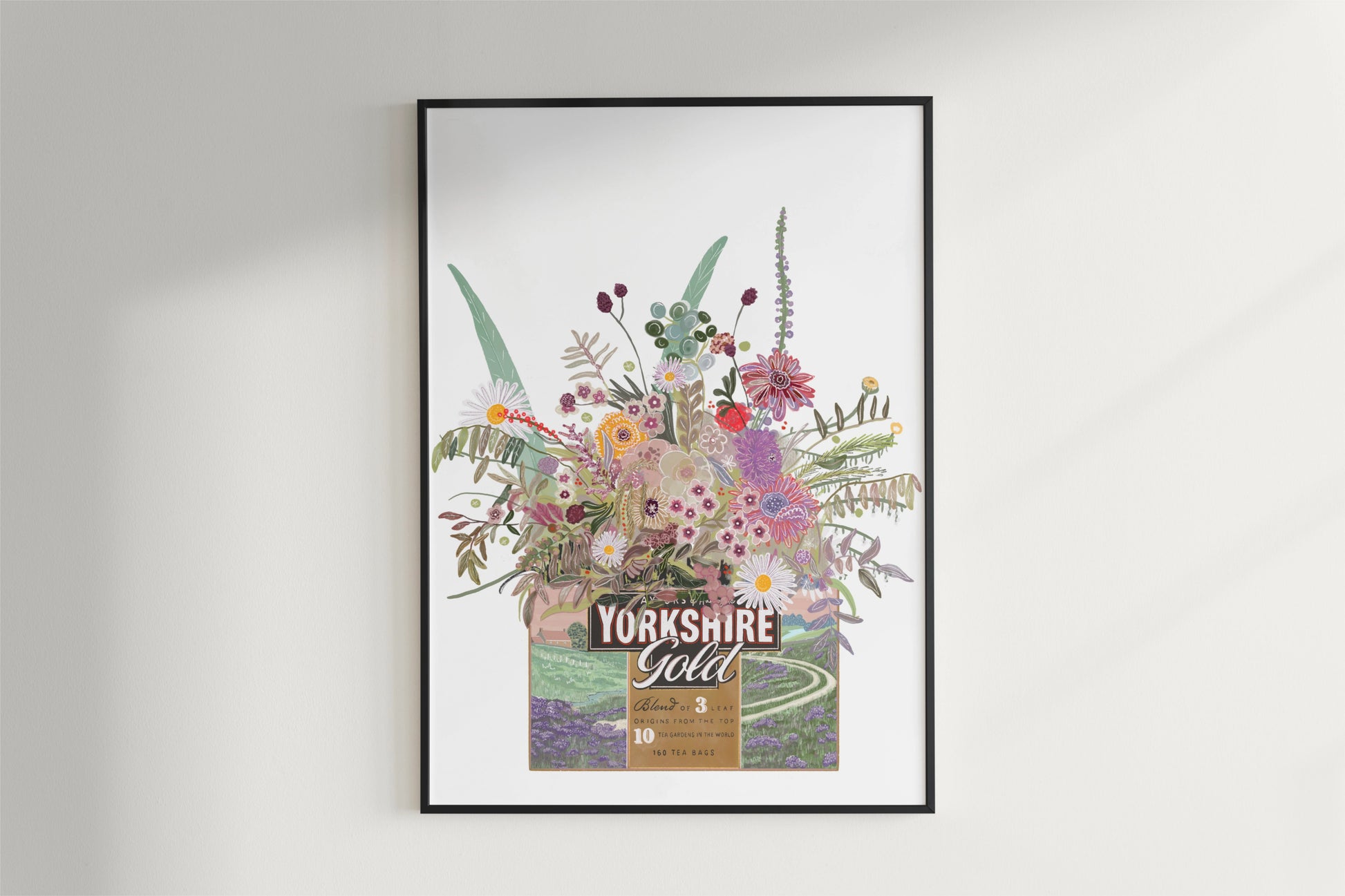 Illustrated Yorkshire gold tea box with pastel coloured wild flowers on a white back ground. art print