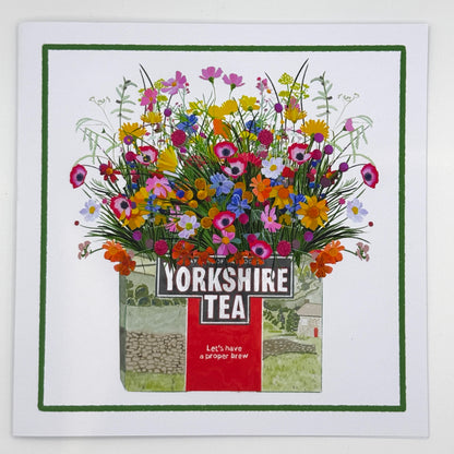 Yorkshire Tea and Colourful Wildflowers Greetings Card| Square, matte, blank inside | birthdays, thank you or Valentines
