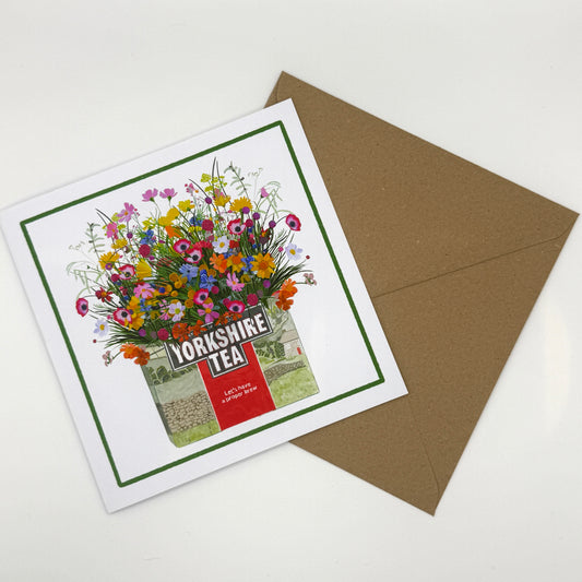Yorkshire Tea and Colourful Wildflowers Greetings Card| Square, matte, blank inside | birthdays, thank you or Valentines