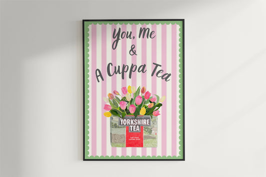 "You, Me & a Cuppa Tea" Yorkshire Tea and Tulips Striped Art Print with green scalloped Border